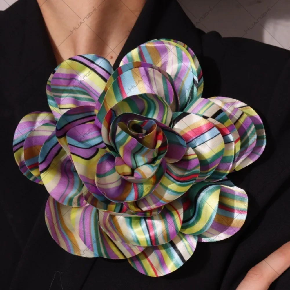 Satin 19cm Fabric Colored Striped Brooch, Fashionable Special Handmade Large Flower Clothing Accessories