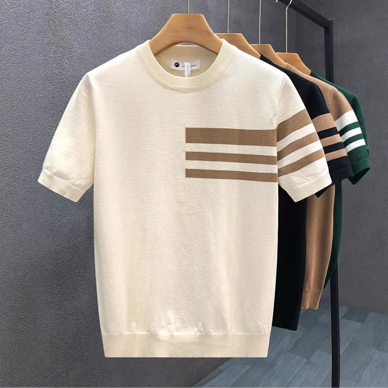 

Korean Style 2025 Summer New Fashion Men's Striped Contrast Color O-neck Short Sleeve Breathable Casual Trendy T-shirts Male Top
