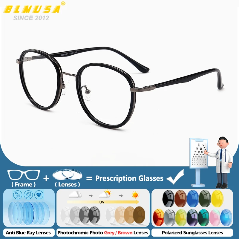 

BLMUSA Fashion Round Prescription Glasses Men Women Anti Blue Light Myopia Optical Eyewear Photochromic Progressive Eyeglasses