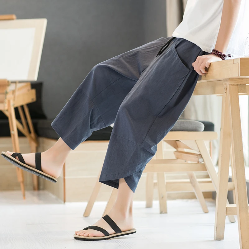 Japanese Elastic Waist Men's Cotton Linen Pants Male Summer Loose Breathable Solid Color Linen Fitness Streetwear Plus Size 5XL