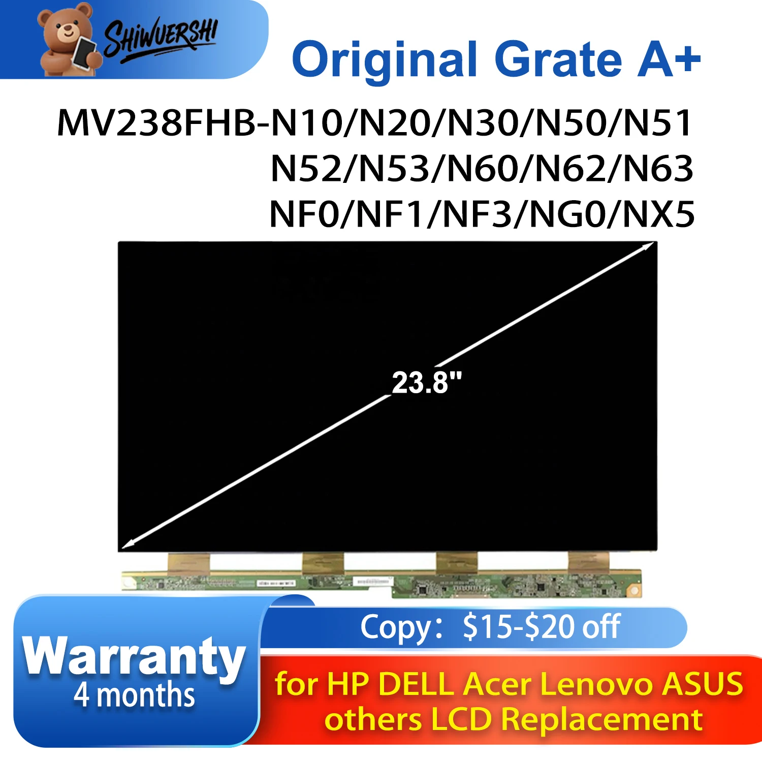 Original 23.8'' MV238FHB N10 N20 N30 N50 N51 N52 N53 N60 N62 N63 NF0 NF1 NF3 NG0 NX5 LCD Screen Display Glass Display Monitor