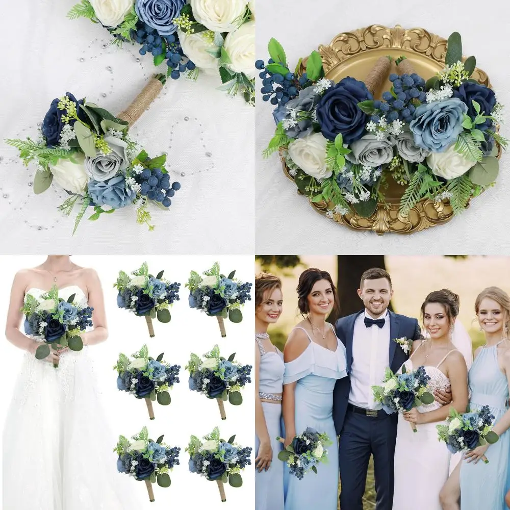 

Набор из 6 искусственных букетов для подружек невесты (7 штук) в темно-синем и белом цветах для свадебной церемонии и декораций