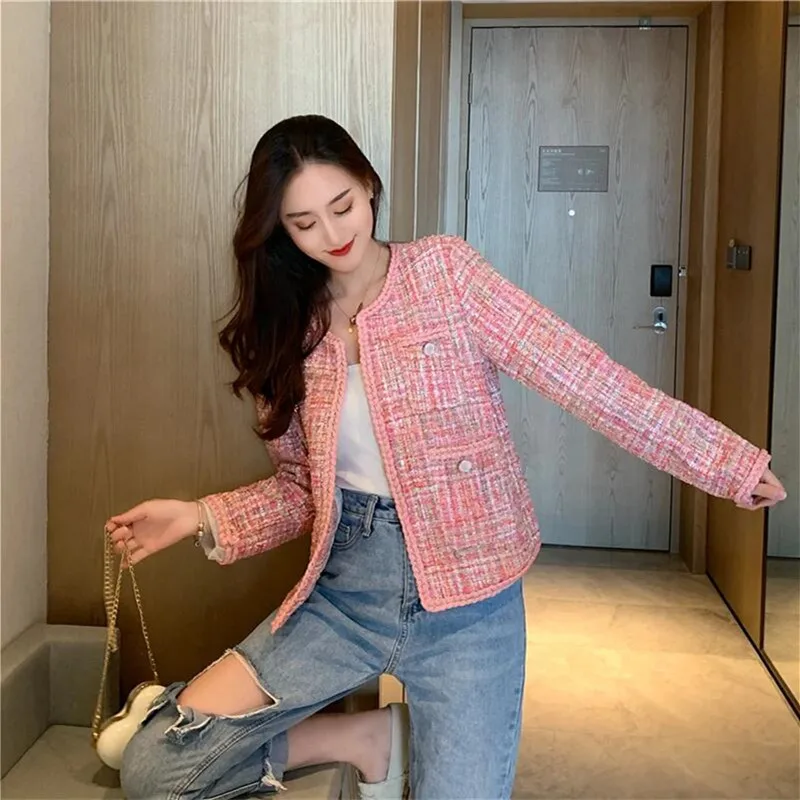 2021 Spring New Tweed Slim High quality Pink Jacket Women French Temperament Fashion Jacket Small Fragrant Wind Jacket Women