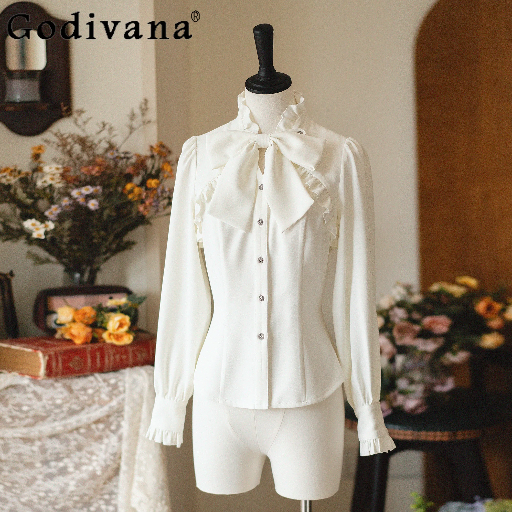 Original britischen Stil Retro elegante Langarm-Shirt Frühling Herbst 2025, Damen Slim Fit Fliege Lolita Shirts Lady Blusen