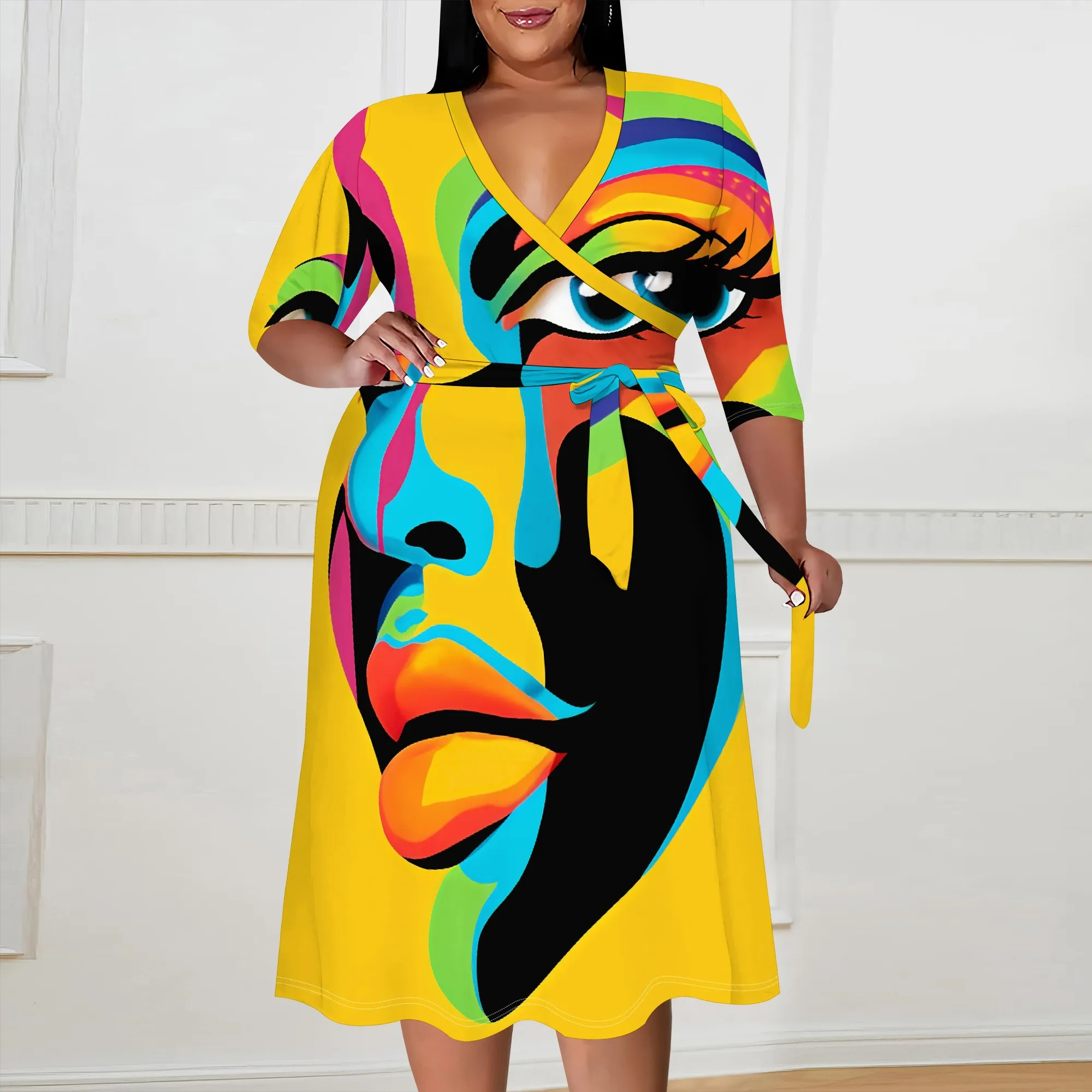 

Plus Size Face Art Print Wrap Dress XL-6XL Colorful Yellow Graffiti Midi Dress for Urban Art Event, Parade or Bold Statement