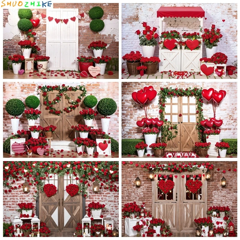 

Valentines Day Backdrop Red Rose Vintage Wooden Doors Brick Wall Background for Photography Wedding Valentine Party Decor