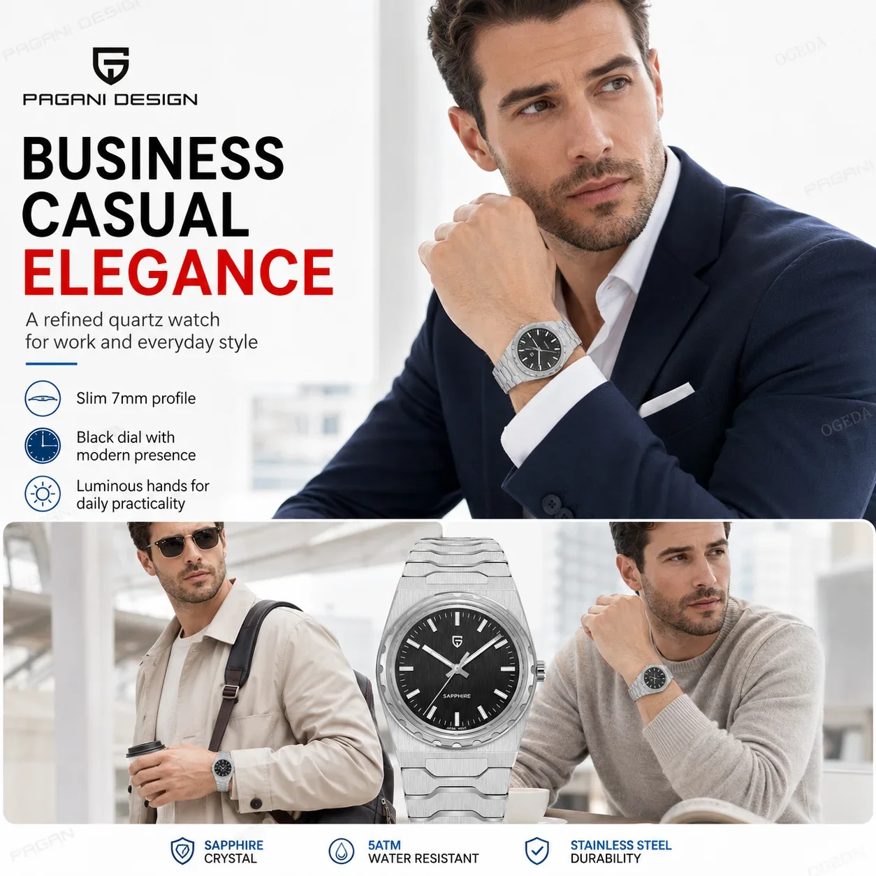 PAGANI DESIGN 2026 new ultra-thin 7mm quartz men's watch stainless steel sapphire 10Bar waterproof C3 upgrade V2 reloj hombre