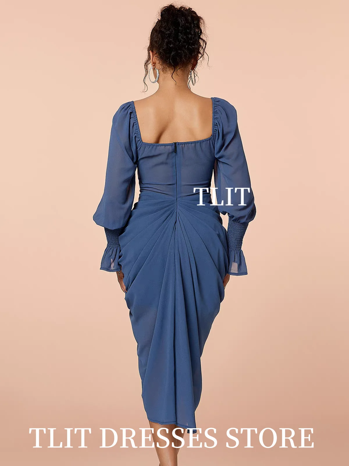 TLIT Semplici abiti da sera corti in chiffon blu navy personalizzati maniche lunghe pieghe abiti da ballo senza spalline guaina و