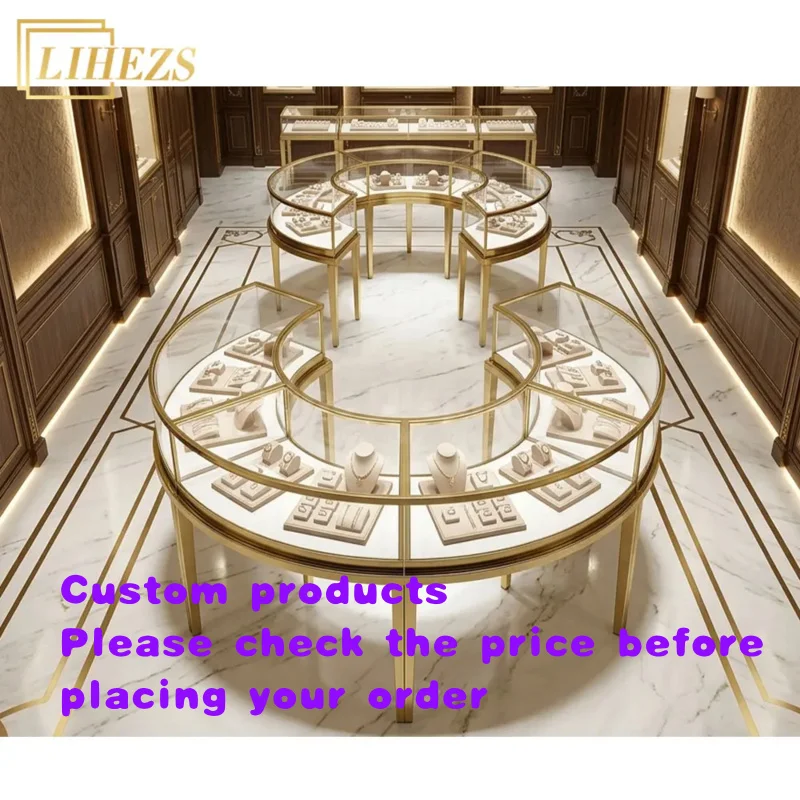 custom.Luxury Curved Glass Jewelry Display showcase Illuminated Round Jewelry Display Counter