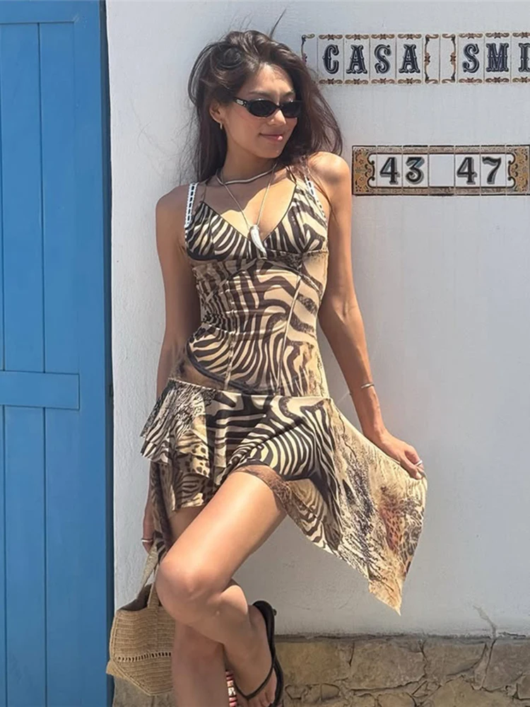 Nibber Hottie Sexy Leopard Slip Dress Women Mesh Irregular Stripe Print Patchwork Tierred Low Chest Skinny Clubwear Mini Bodycon