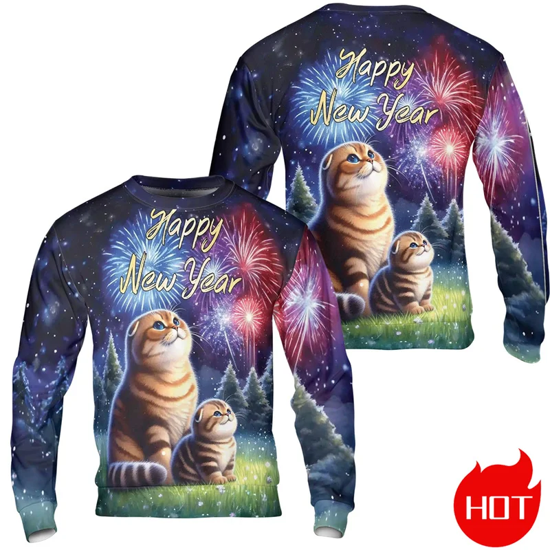 3D 2025 HAPPY NEW YEAR Printing Sweatshirts Hello 2025 Cat Lovers Graphic Round Neck Sweatshirts Women Fashion Streetwear Tops