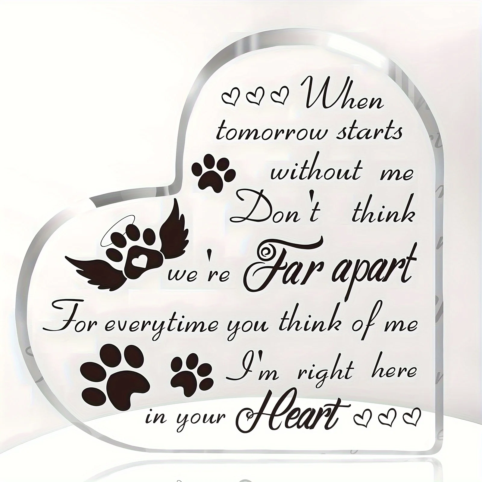 2D， Heart shaped acrylic desktop decoration - paw print design, a consolation gift for the loss of a beloved dog or cat