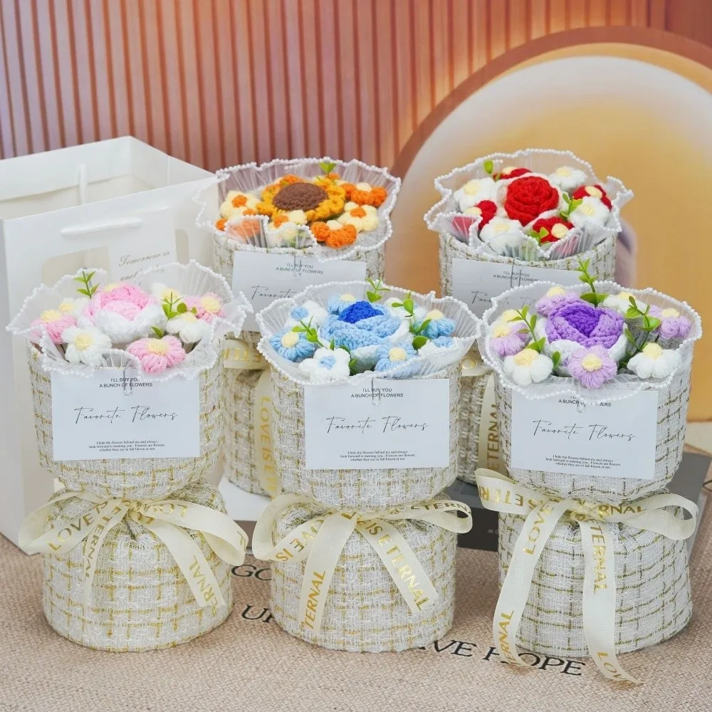 with Light Crochet Flowers Bouquet Gift Wedding Decor Knitted Flower Bouquet Home Decoration Handmade Puff Flower Bouquet