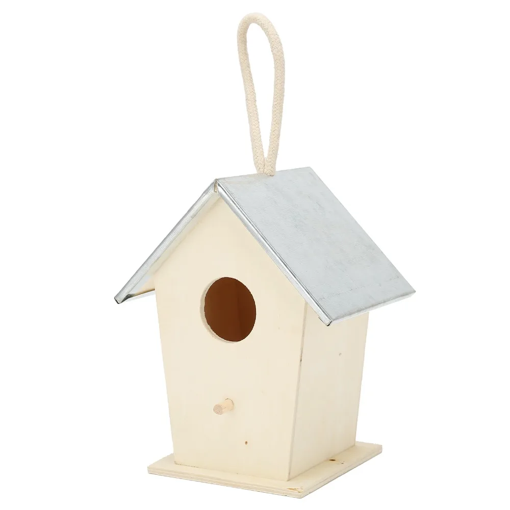 Galvanized Iron Top Wooden Bird House Built-in Perch Peg Wood Panel Frame Hanging Birdhouse Portable Suspension Setup