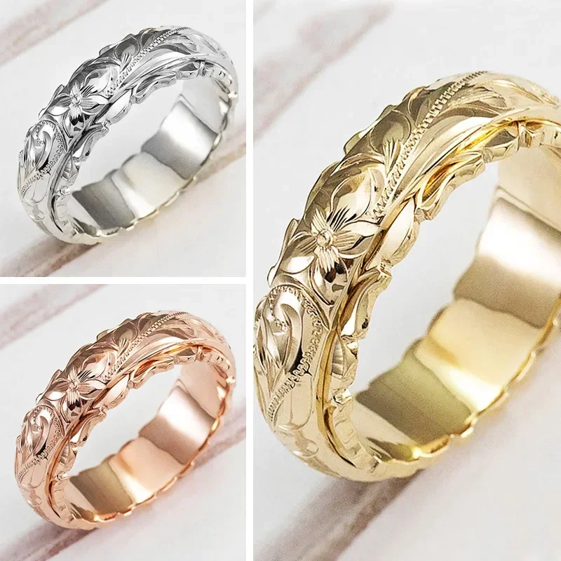 Elegant Craved Flower Pattern Women Band Ring 3 Metal Colors Available Fine Wedding Bridal Rings Classic Timeless Jewelry