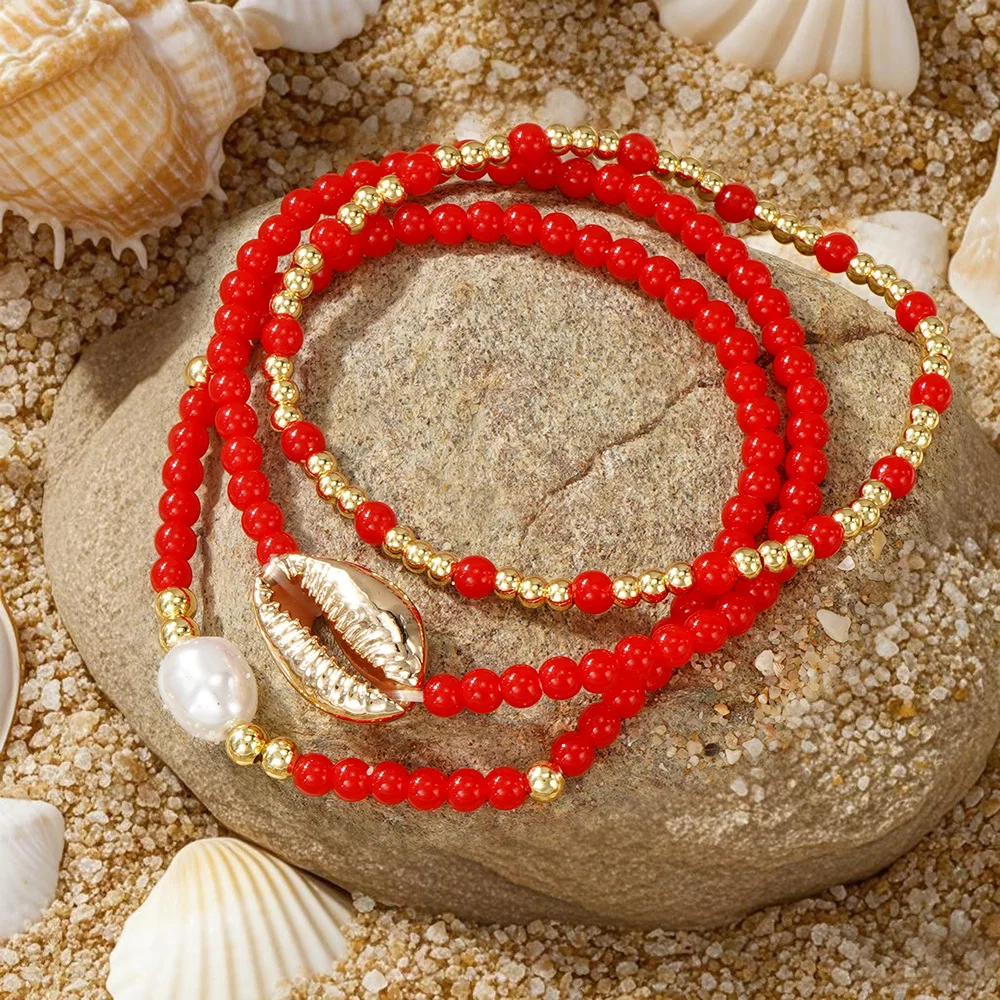 Rice bead bracelet Red Hand knitting Sea shell Imitation pearl Bohemia Elastic force Female Fashion Simple Beaded bracelet set