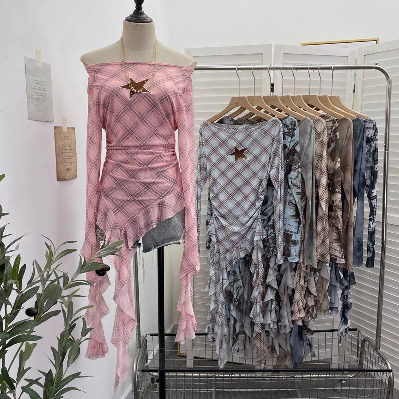 High Quality Hot Selling Wholesale Autumn New Retro One Shoulder T-shirt Spicy Girl Mesh Embroidery Irregular Ribbon Top Women