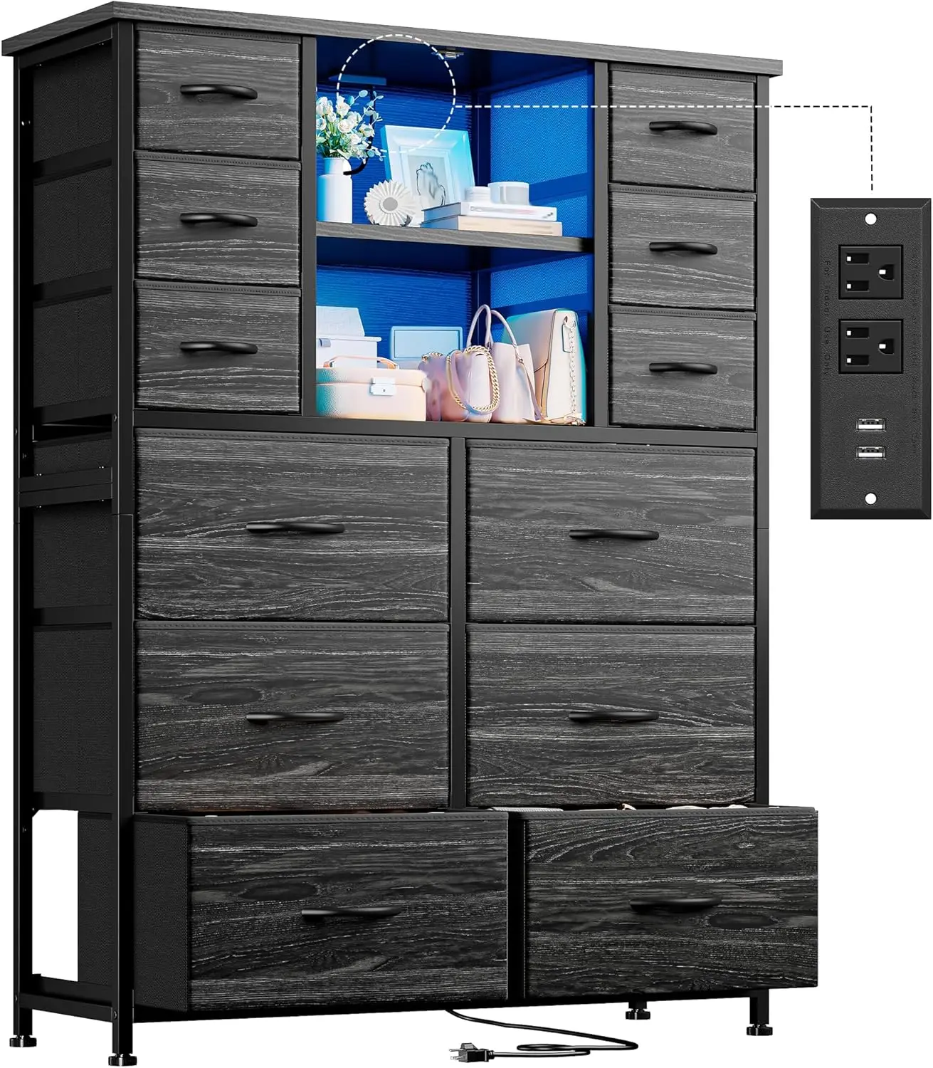 

Dresser for Bedroom with Charging Station & LED Light, Large Dresser for Hallway, Living Room, Entryway, Metal Frame