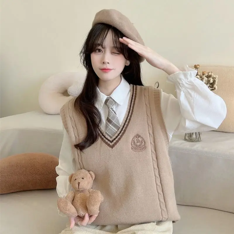 Spring Autumn Winter JK Uniform Japan Korean Preppy Style Knit Vest White Shirt with Tie Outfits High School Student Tops 2024