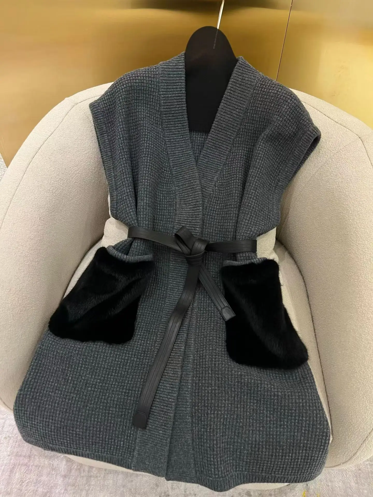V-Neck Waffle Knit Sleeveless Long Vest Belted Waistcoat with Real Fur Patch Pockets for Women