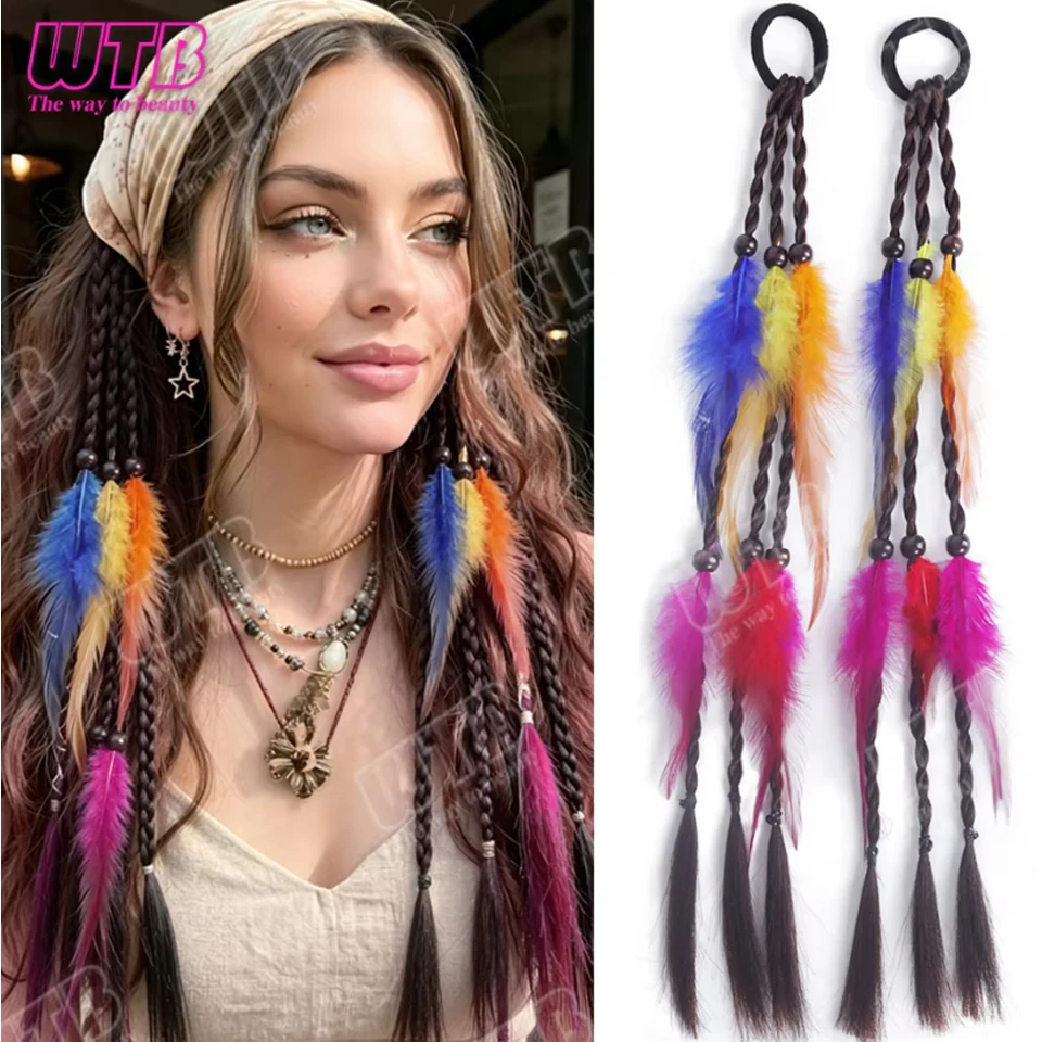 Braided Ponytail Wig Synthetic Hair Extension Wig Elastic Band Style Colorful Feather Braided Wig Suitable for Festive Events