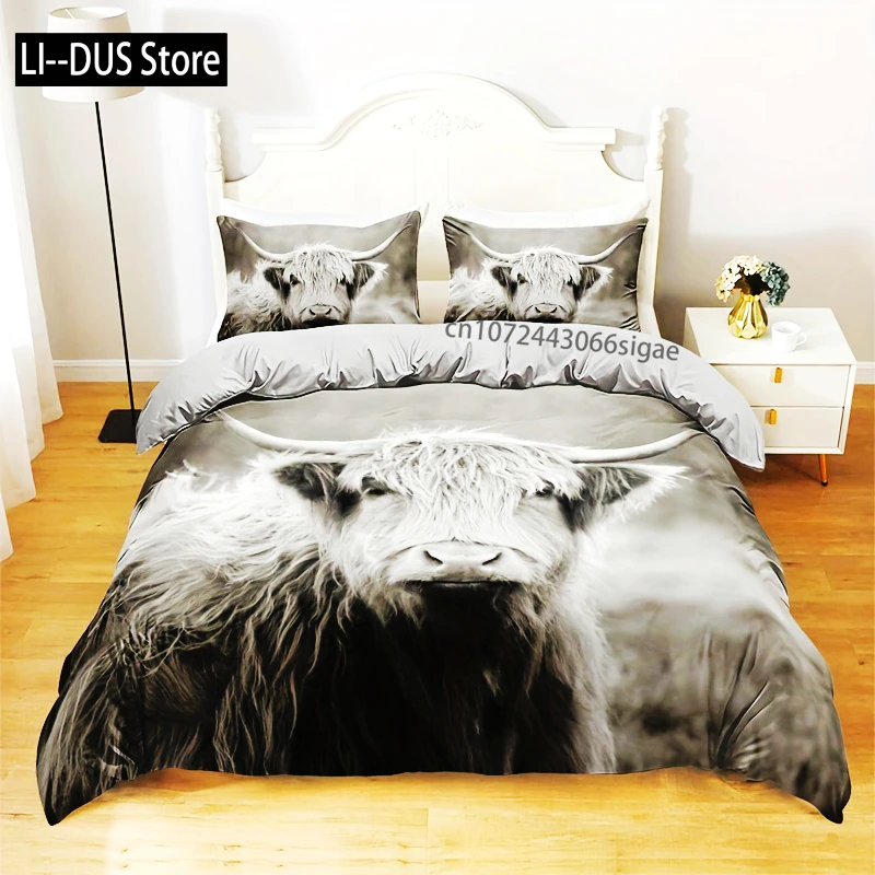 

3PCS Fashion Field Style Highland Cow HD Digital Printing Home Duvet Cover Three-piece Set 1 Duvet Cover+1 Or 2 Pillowcases