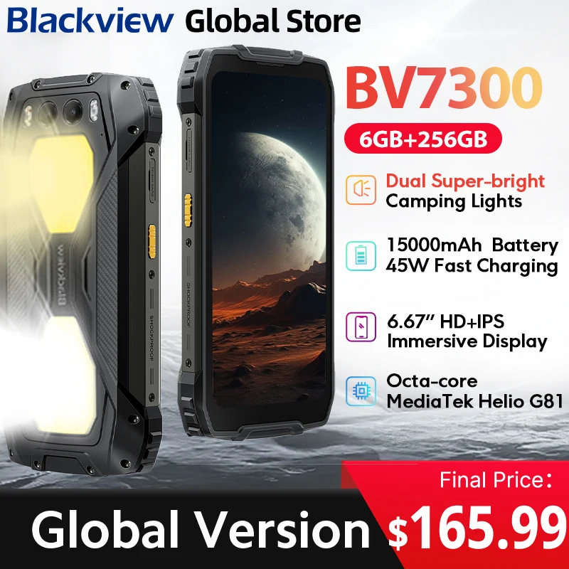 Blackview BV7300 Rugged Phone 6.67'' HD+ IPS 90Hz Display Dual Camping Light NFC 15000mAh 45W Fast Charge Android 14 Cellphone