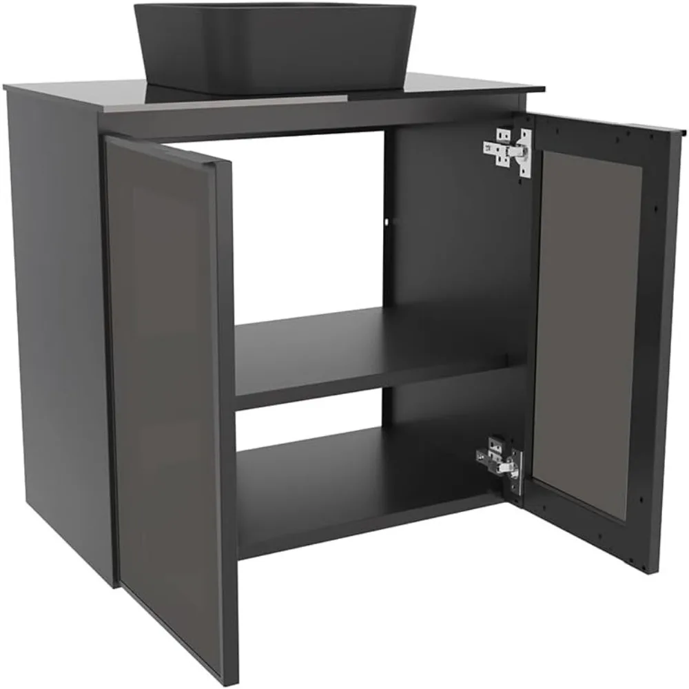 Umbu Combo Black Steel Bathroom Vanity Set 24" with Tempered Glass Countertop and Door, Black Square Ceramic Sink