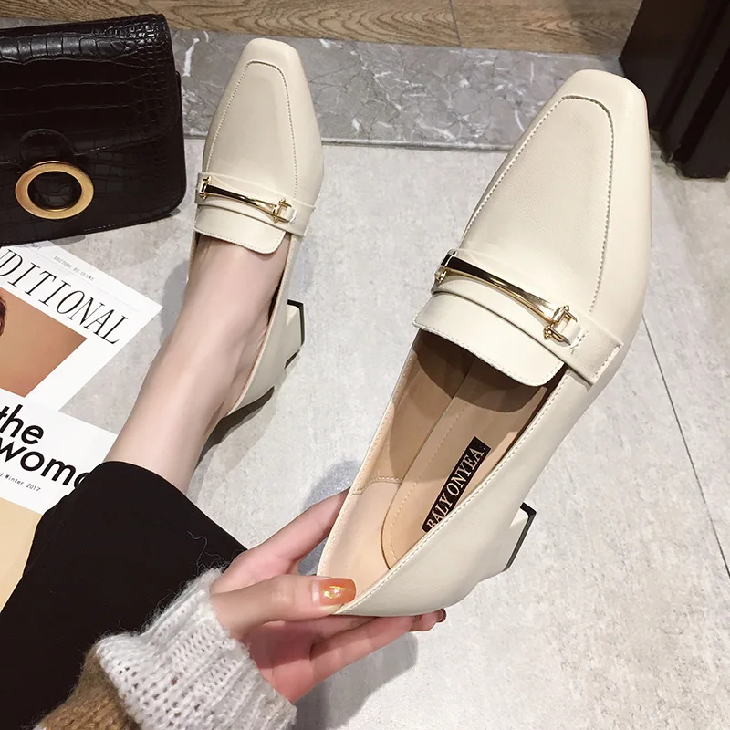 

Spring Autumn New Korean Style Square Head Metal Thick Heel Slip-On Women's Shoes Casual Fashionable Flat Footwear for Women