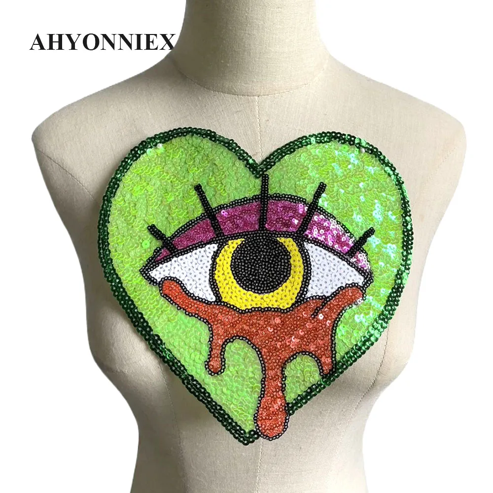 22CM Fashion Heart Shape Sequins Eye Clothing DIY Patches for Clothes Iron On Patch Badge Applique Embroidered Patches