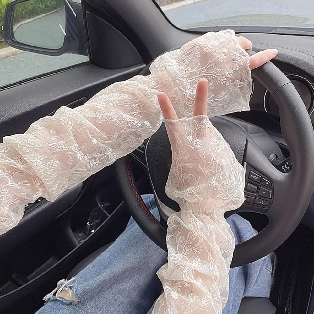 1 pair Half Finger Long Gloves Lace lace Lace Sunscreen Gloves Hollowed out Mesh Lace Sun Protection Sleeve Long Thin Driving