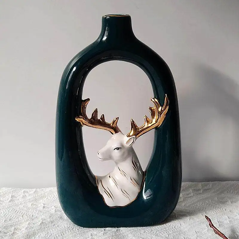 European Retro Relief Deer Ceramic Vase Ornaments Living Room Entrance Dining Table Flower Arrangement Art Vases Home Decoration