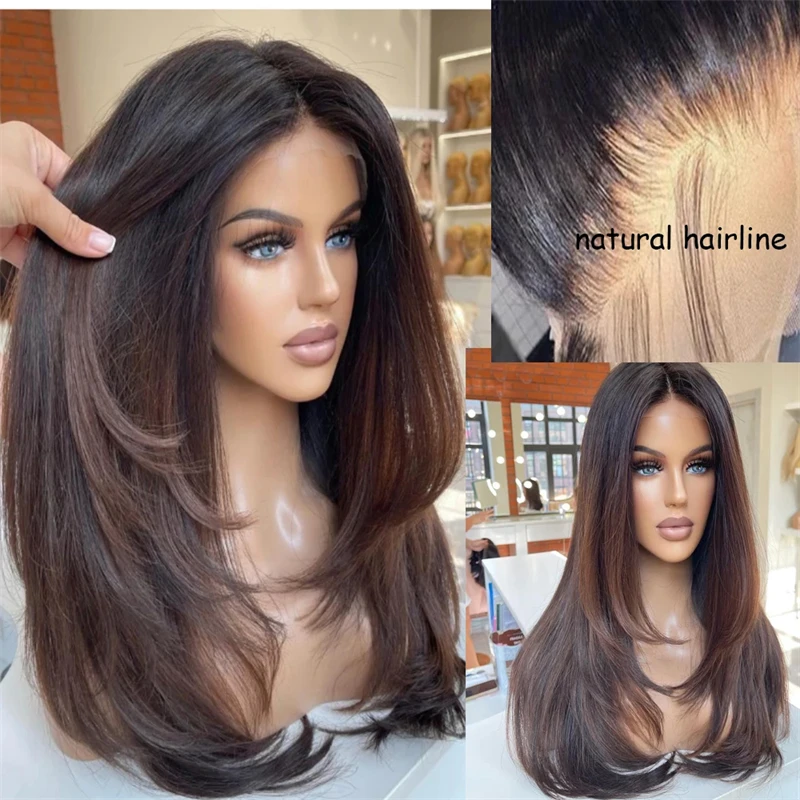 Glueless Ombre Brown Layered Wig 100% Real Human Hair 13X6 13x4 HD Lace Front Human Hair Wigs Straight 180 Density For Women