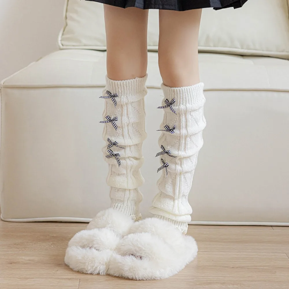 

Kawaii Korean Style Children's Leg Warmers Harajuku JK Knitted Leg Cover Foot Cover Pile Socks Plaid Bow Socks Girls