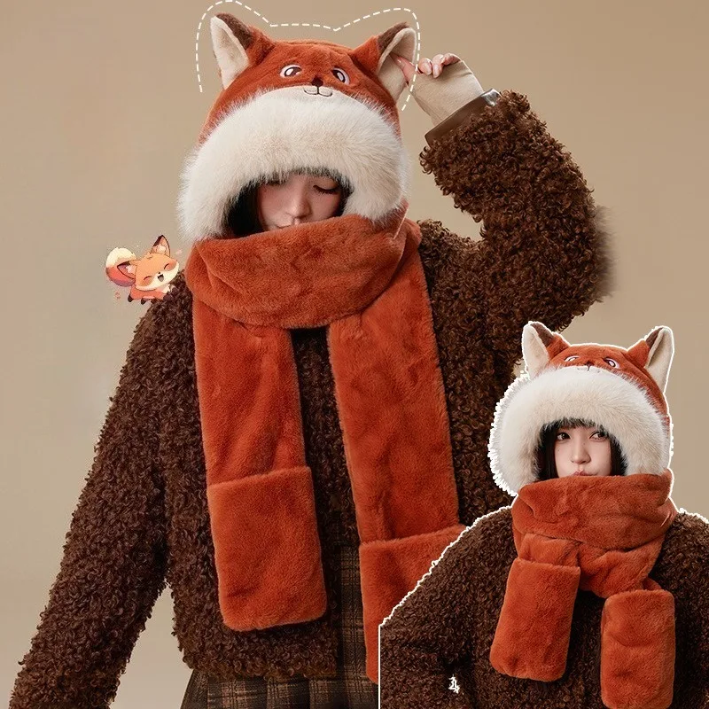 مجموعة قفازات وشاح للأذن على شكل ثعلب كرتوني للأطفال، قناع بقلنسوة متصل من القطيفة 3 في 1 للأنشطة الخارجية للعب الأدوار في الشتاء #2