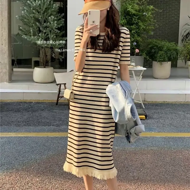 

Summer Women's Striped Printing Loose Fringe Black Dress Female Evening Short Sleeve Basic Dresses for Elegant Vestidos Q618