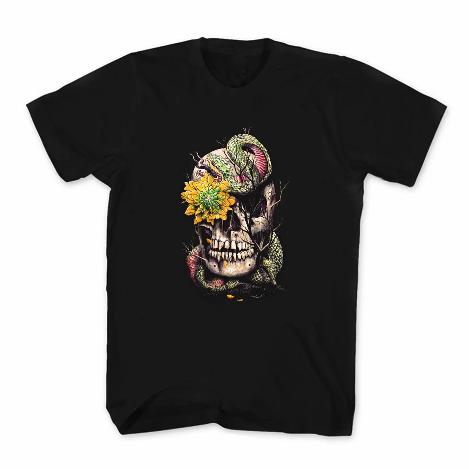 

Unique Dead Art Snake & Flower & Skull Printed T-Shirt. Summer Cotton Short Sleeve O-Neck Mens T Shirt New S-3XL