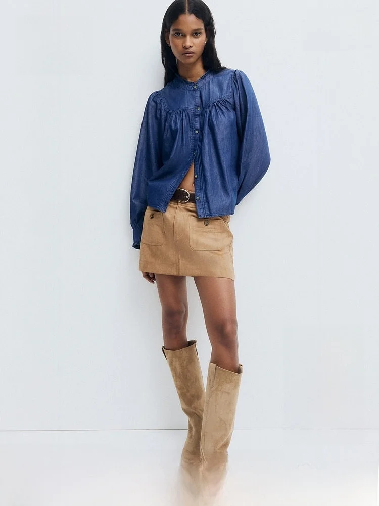 

Hm Зимняя женская джинсовая ткань с рюшами и подолом 3347, повседневная женская одежда на пуговицах из хлопка и лиоцелла Long Sve