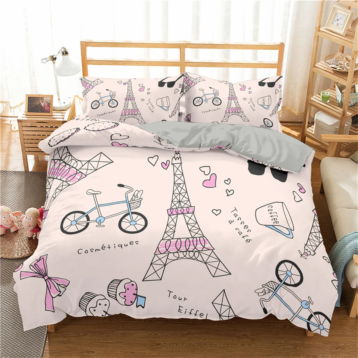 Eiffel Tower Duvet Cover Set King Paris Eiffel Tower Themed Bedding Set Polyester Cityscape Romantic Pink Love Heart Quilt Cover