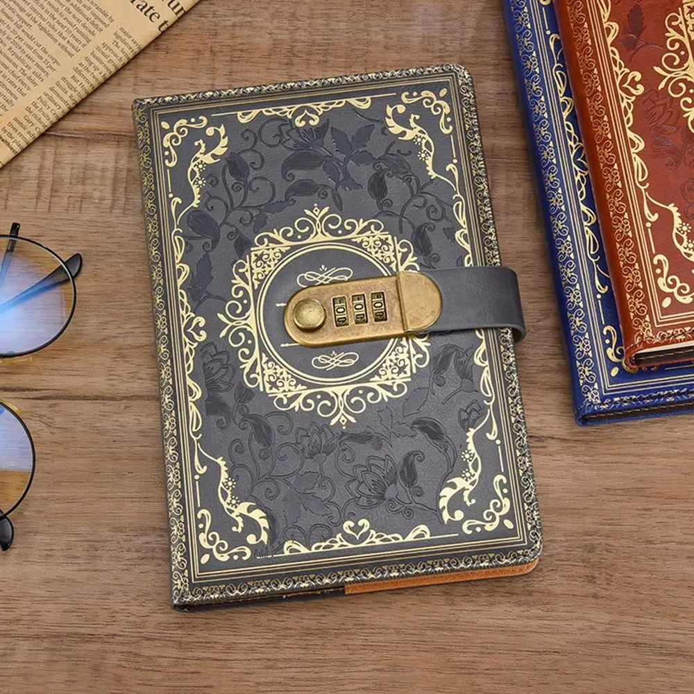 PU Leather A5 Journal Notebook Embossed Design Combination Lock Lockable Secrets Journal Hard Cover Ruled Lined Paper