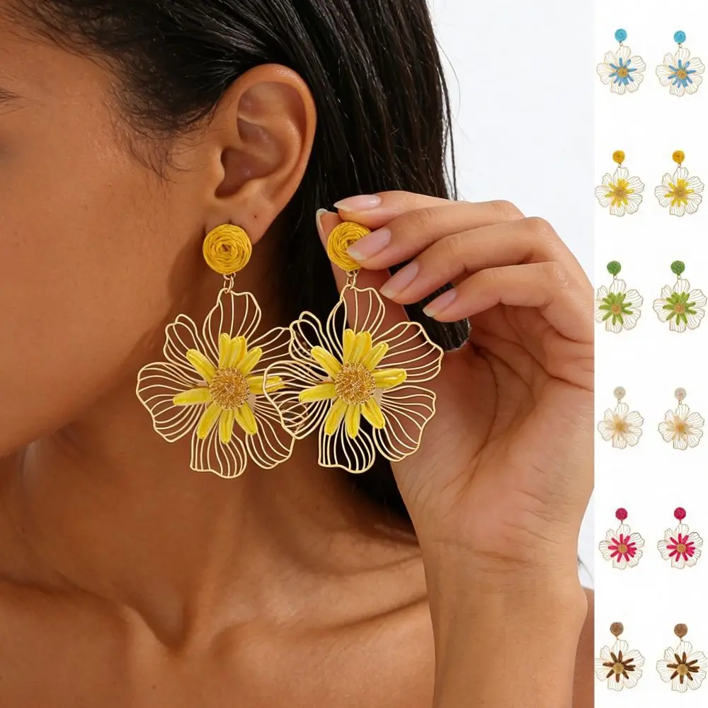 Cute Summer Raffia Grass Flower Earrings Lafite Grass Alloy Straw Drop earrings Handmade Hollow Out Women Jewelry Party