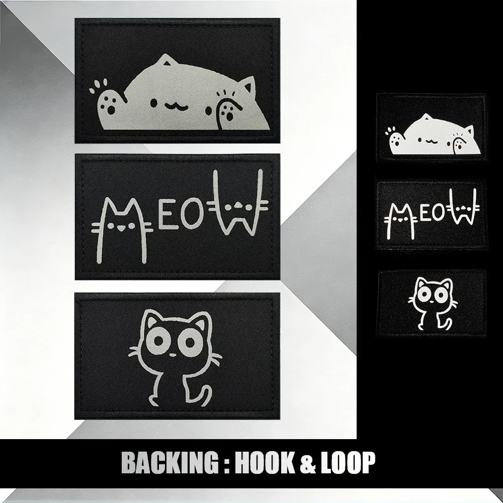 Cute Cat Reflective Patches Tactical Animal Expressions Patches For Jacket Shoulder DIY Sew-on With Hook and Loop Backing