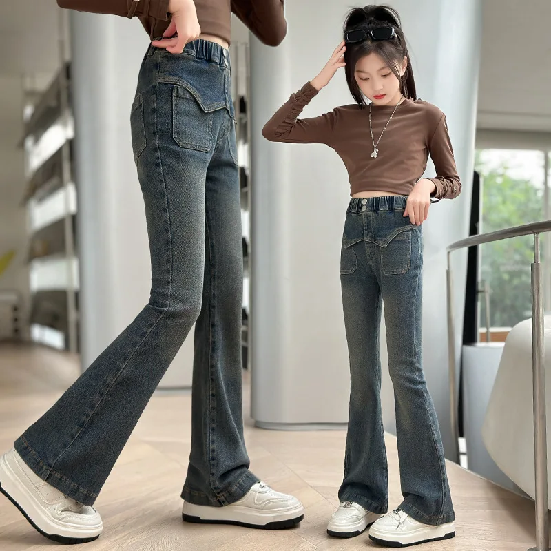 Girls' Spring and Autumn Jeans 2025 New Front Patched Flared Pants Teen Children's Denim Micro Flared Pants Kids Trousers