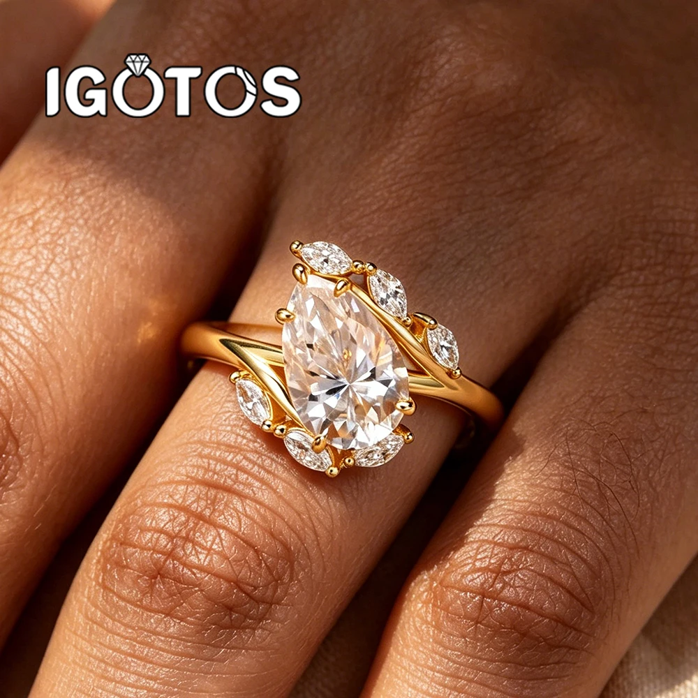 

4ct Pear Cut Moissanite Engagemen Ring for Women 925 Sterling Silver 18K Gold Plated WaterDrop Floral Halo Wedding Bands Jewelry
