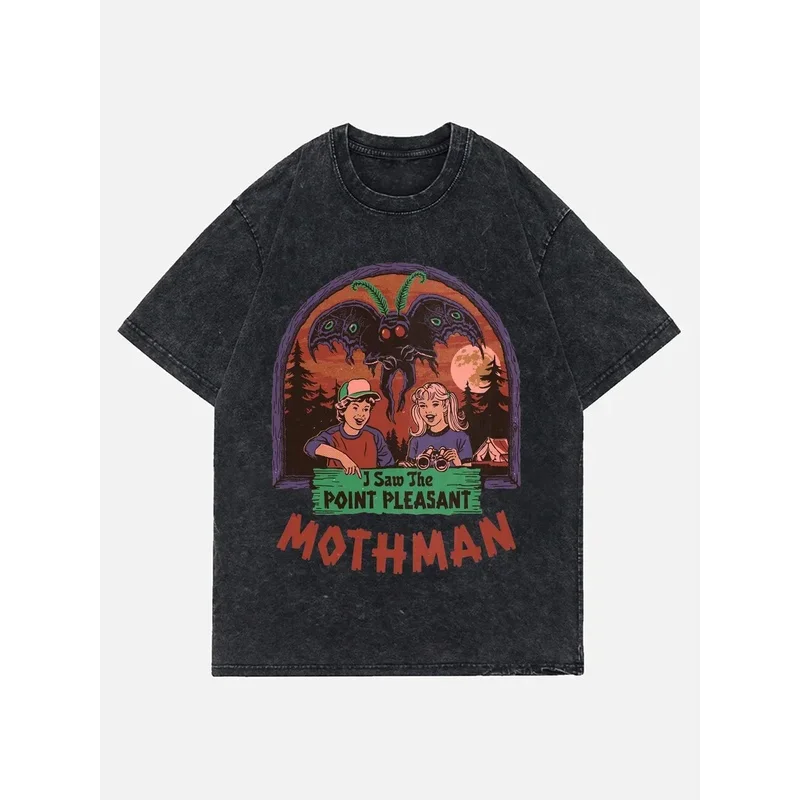

I Saw The Point Pleasant Mothman Print Vintage Wash Oversize Tshirt Cotton T Shirt Men Y2K Clothing Round Neck Cotton T-Shirt