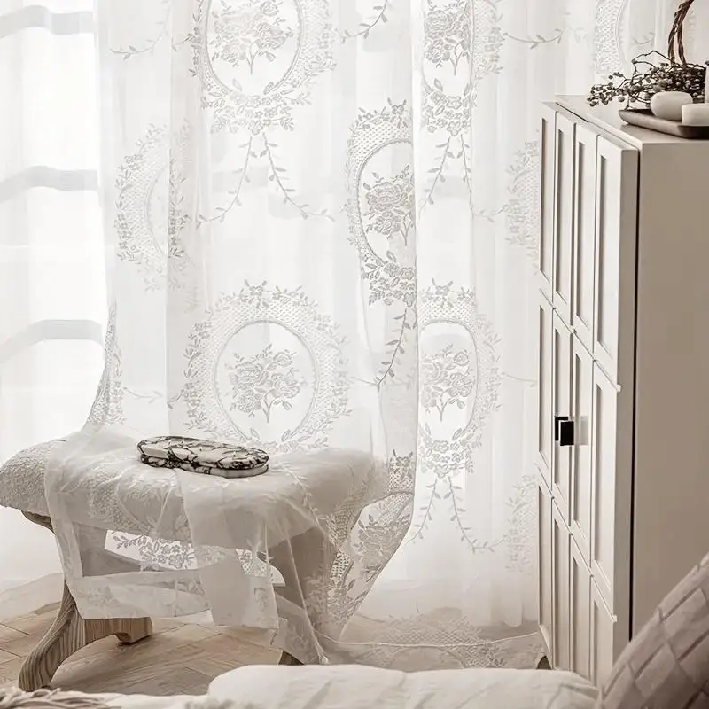 Elegant Woven Lace Mirror Flower Curtain Retro Embroidered Sheer for Balcony Office Living Room Home Decor