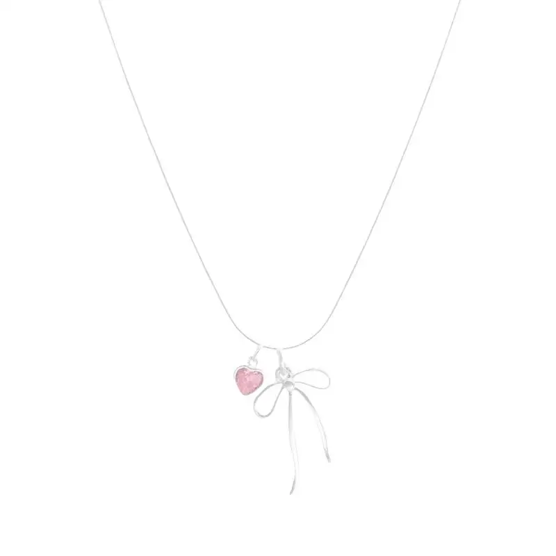 Rosa Zirkon-Schleifenanhänger-Halsketten für Frauen und Mädchen, süß, elegant, klassisch, schlicht, mit Persönlichkeit, Verlobungsschmuck, Geschenke – Detail 2