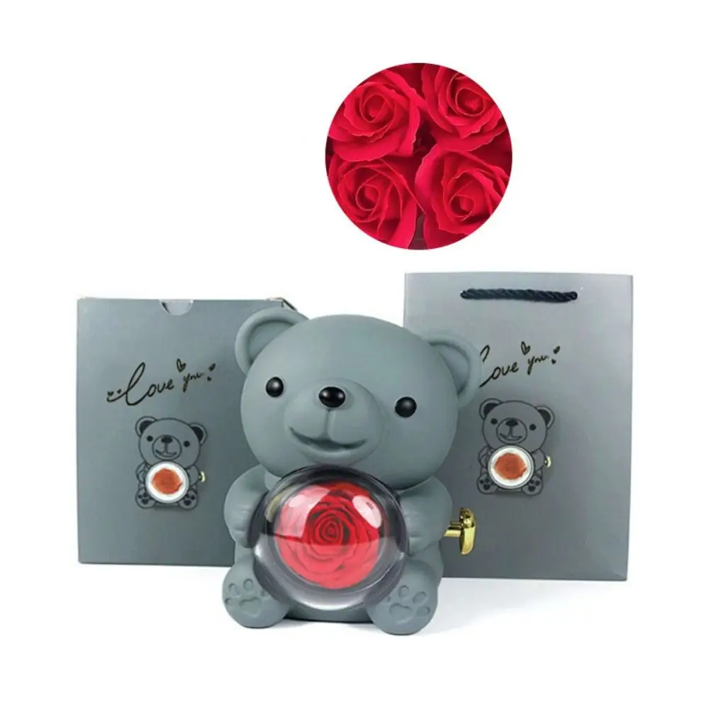 Creative Rotating Rose Jewelry Box Soap Flower Red Bear Gifts Box Necklace Storage Pink Ring Gift Case Valentine's Day