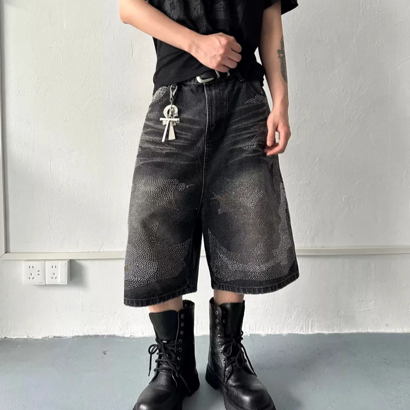 

American Style Retro Washing Hot Diamond Wide Leg Denim Shorts For Man In Summer Street Fashion Punk Casual All-Match Pants