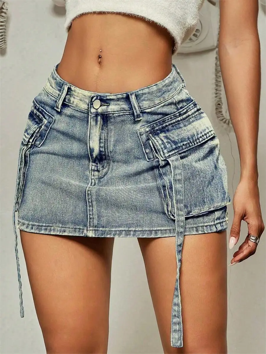 Distressed Cargo Denim Mini Skirt with Flap Pockets and Tie Details